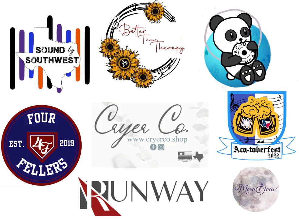 A collection of custom logos designed by Custom Quartet Stuff, including Sound by Southwest, Better Than Therapy, Four Fellers, Cryer Co., Aca-toberfest 2022, Runway, and Moonstone.